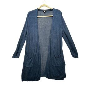 J. Jill Womens Knitted Long Cardigan Sweater Size M Blue Open Front Pockets Slit